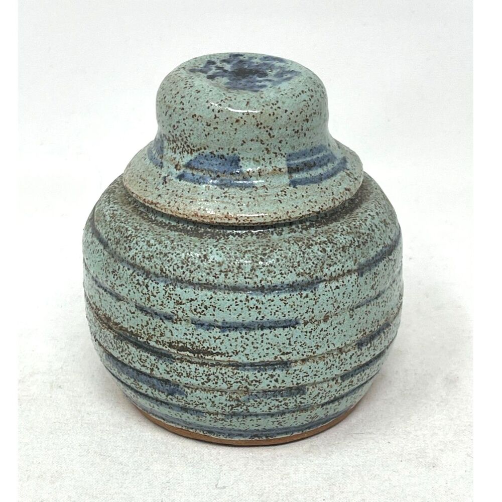 Studio Pottery Tea / Sugar Jar with Lid Green Speckled Handmade OOAK 5" Signed